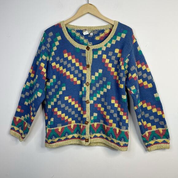 The Territory Ahead Vintage Y2K Chunky Knit Cotton Geometric Cardigan Sweater XL - Picture 1 of 10
